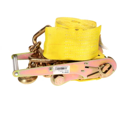 Yellow ratchet tie-down assembly with polyester web strap, chain anchor ends, and steel ratchet tensioner.