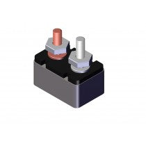 Compact electrical terminal block with two threaded metal studs, one copper‑colored and one silver‑colored, mounted on a black rectangular base, shown on a white background.