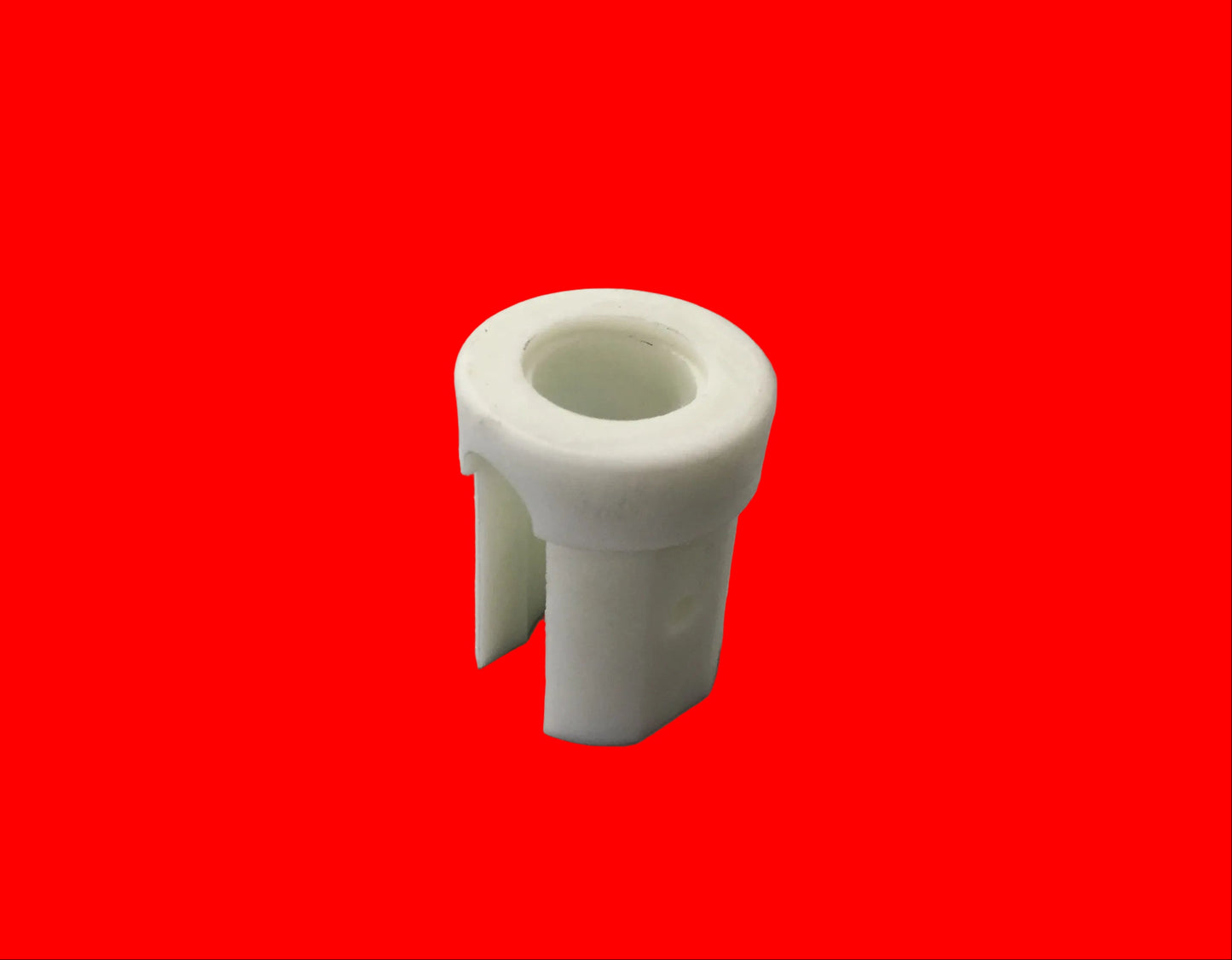 White plastic roll bar end cap with a cylindrical shape and side cutout, designed to fit over the end of a tarp roll bar, shown isolated on a red background.