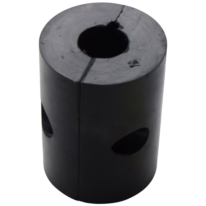 Black cylindrical metal coupling with a central hole and a vertical split, featuring side openings and a solid matte finish, shown on a plain light background.
