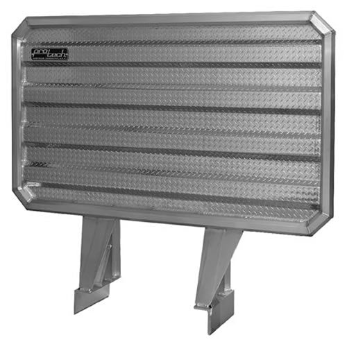 Front view of a large aluminum space‑saver truck storage box with a diamond‑plate face panel featuring horizontal reinforcing ribs, mounted on raised support legs and displaying a ProTech logo, isolated on a white background.