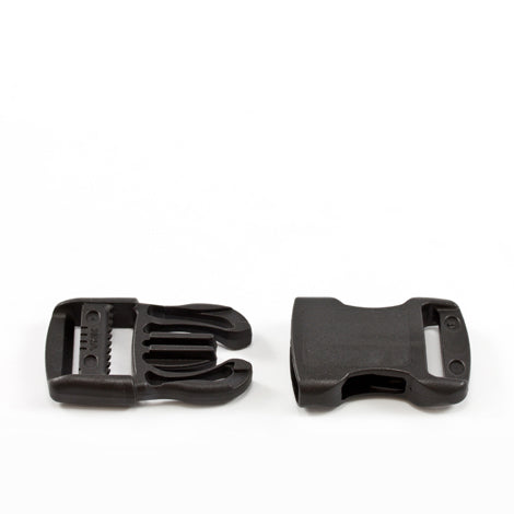 Two‑piece black heavy‑duty plastic side‑release buckle for 1‑inch webbing, shown separated with male and female ends on a white background.