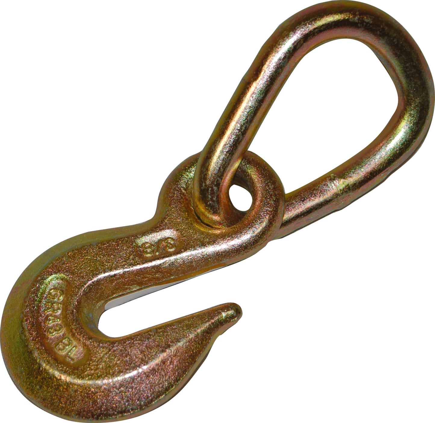 Heavy‑duty zinc‑plated steel snap hook with eye loop and spring‑loaded safety latch, designed for securing tarps, straps, and tie‑down applications.