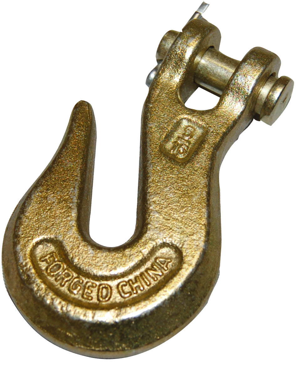 Zinc‑plated steel grab hook with clevis pin and latch, shown isolated on a white background.