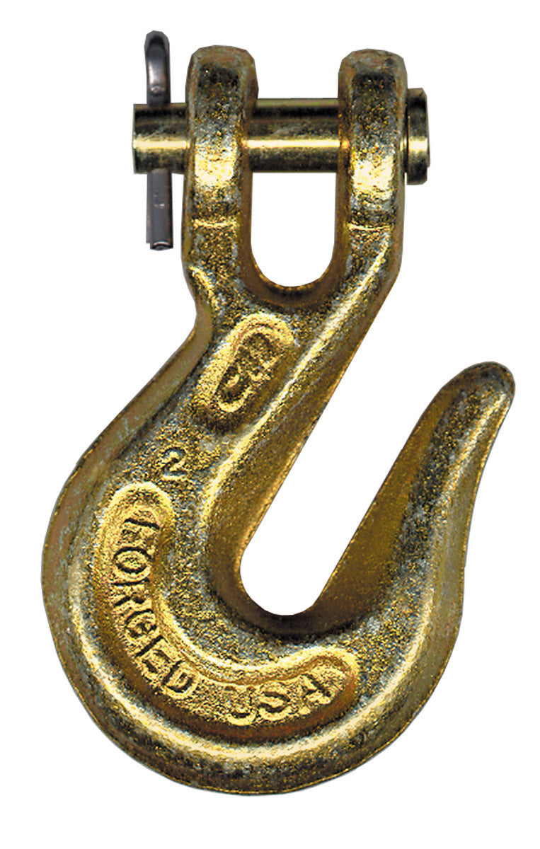 Close-up of a gold-colored forged steel clevis hook with an open curved hook and a top clevis connection secured by a pin and cotter key, featuring raised markings including ‘5/16,’ ‘G70,’ and ‘USA,’ isolated on a white background.