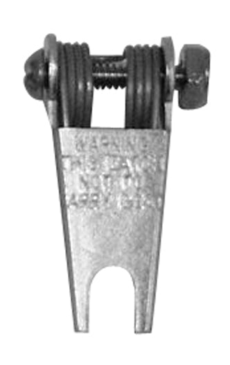 Close-up of a silver metal latch kit component featuring a forked lower end, a U-shaped body, and a threaded bolt with washers and a hex nut at the top, isolated on a white background.