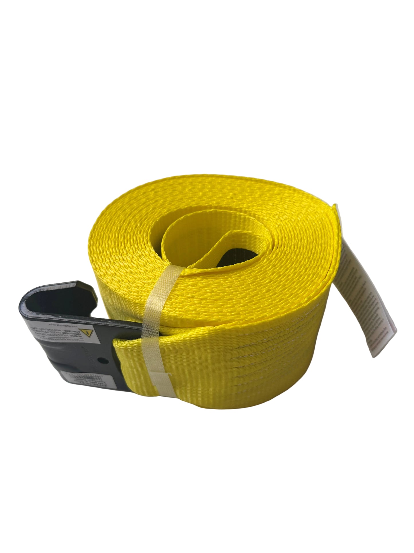 A bright yellow webbed lifting strap with a black metal hook and a white product tag, resting on a white textured surface.