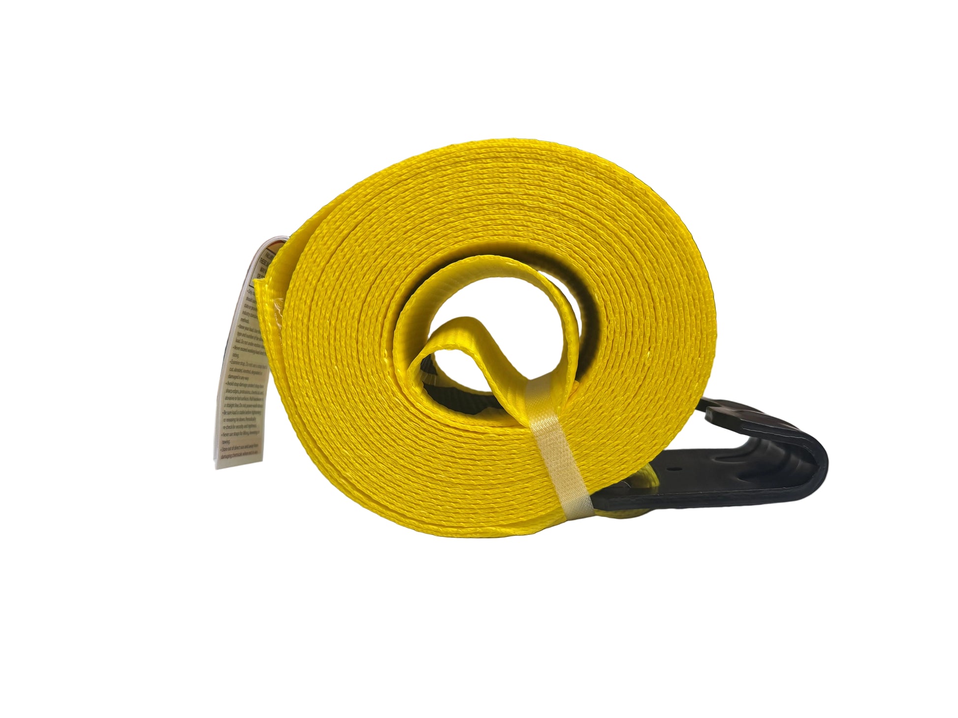 A bright yellow webbed cargo strap with a black plastic quick-release buckle, coiled on a white surface.