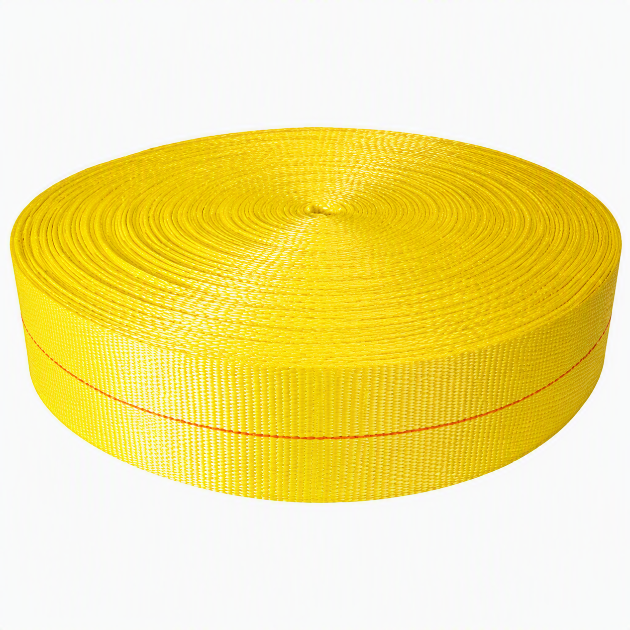 Yellow heavy-duty woven webbing roll viewed from an angled side perspective on a white background.