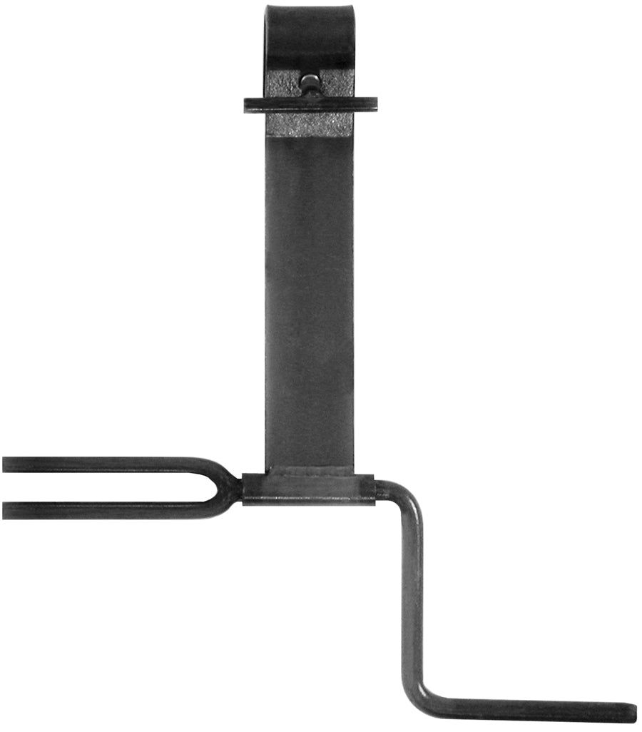 A black metal wall-mounted hook with a vertical bar, a horizontal arm, and a lower bent leg, shown against a plain white background.
