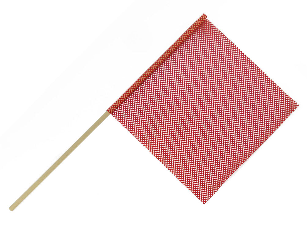 Red 18-inch by 18-inch mesh safety flag attached to a 36-inch wood dowel rod for oversize load and transportation safety marking.