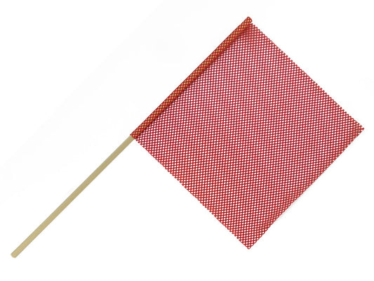 Red 18-inch by 18-inch mesh safety flag attached to a 36-inch wood dowel rod for oversize load and transportation safety marking.
