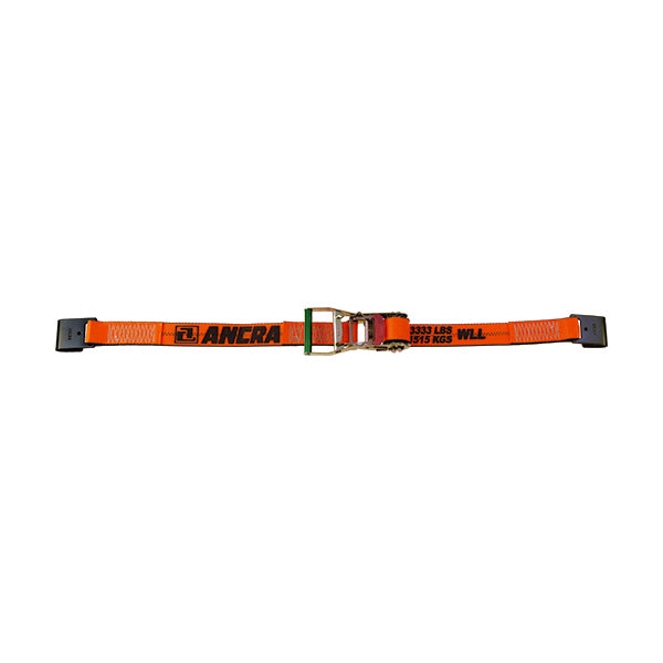 Orange Ancra ratchet tie-down strap with a metal buckling mechanism and flat hook end fittings, displaying working load limit text, laid flat against a plain light background.