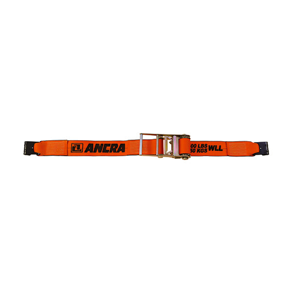 Orange ratchet strap with a metal buckle and black end fittings, labeled “ANERA” with working load limit text, laid flat against a plain light background.