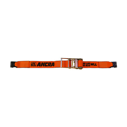 Orange ratchet strap with a metal buckle and black end fittings, labeled “ANERA” with working load limit text, laid flat against a plain light background.
