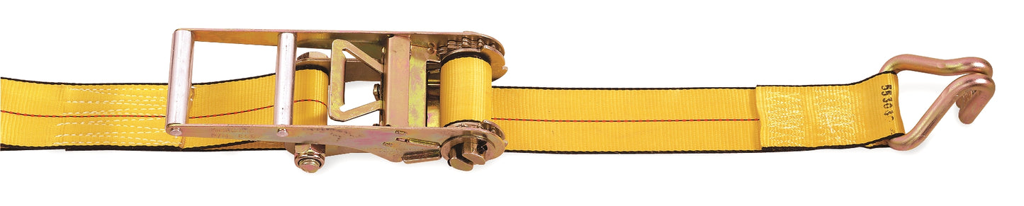 Close-up of a yellow ratchet tie-down strap with a metal ratcheting buckle and a double J-hook end, shown against a plain light background.