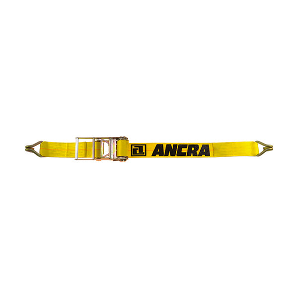 Yellow Ancra ratchet tie-down strap with a metal ratcheting buckle and wire hook ends, laid flat against a plain light background.