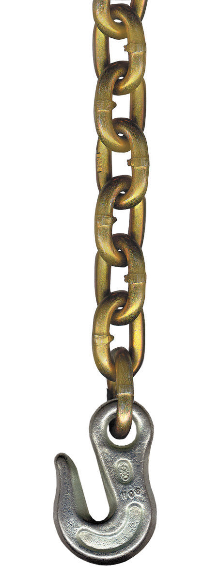 Vertical section of gold‑colored Grade 70 welded steel chain with oval links, attached at the bottom to a silver forged grab hook, isolated on a white background.