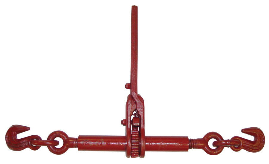 Front view of a red steel ratchet load binder with a central gear and long handle, connected to heavy‑duty chain links and grab hooks on both ends, isolated on a white background.