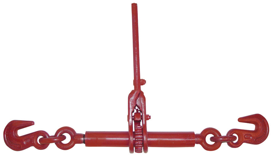 red ratchet binder on white background featuring two hooks on either side and a rod on in the center