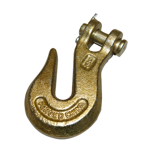 Close-up of a gold-colored forged steel clevis hook with an open curved hook and a top clevis connection secured by a pin and cotter key, featuring raised markings including ‘G70’ and ‘FORGED CHINA,’ isolated on a white background