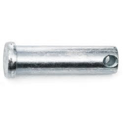 Close-up of a silver metal clevis pin with a smooth cylindrical shaft, flat head on one end, and a cross-drilled hole near the opposite end, isolated on a white background.
