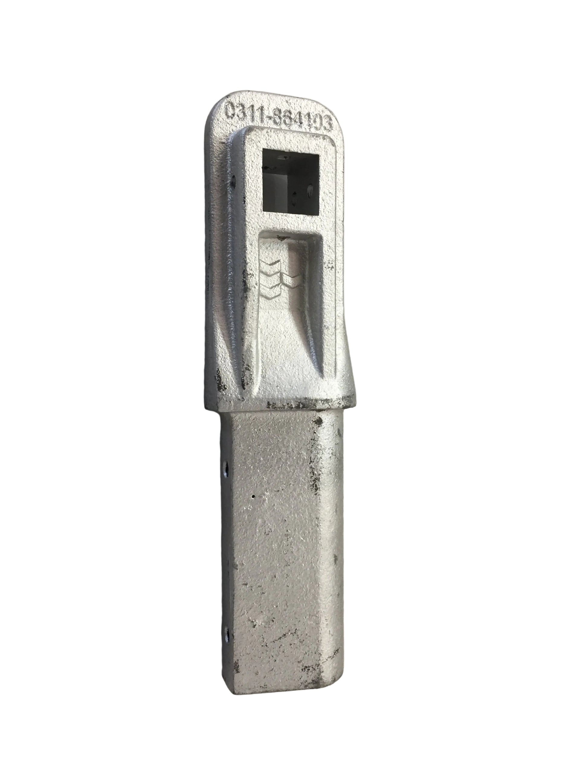 Aluminum single‑arm tarping system end fitting with a square drive opening and mounting holes, shown vertically on a white background.