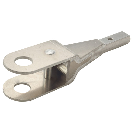 Machined metal clevis-style linkage component with a forked end, two circular pin holes, and a welded central support, attached to a narrow arm, shown against a plain light background.