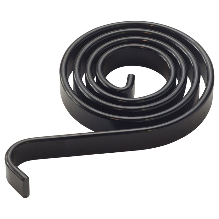 Black coiled metal spring with a flat strip design, tightly wound into a spiral with one straight hooked end, displayed on a plain white background.