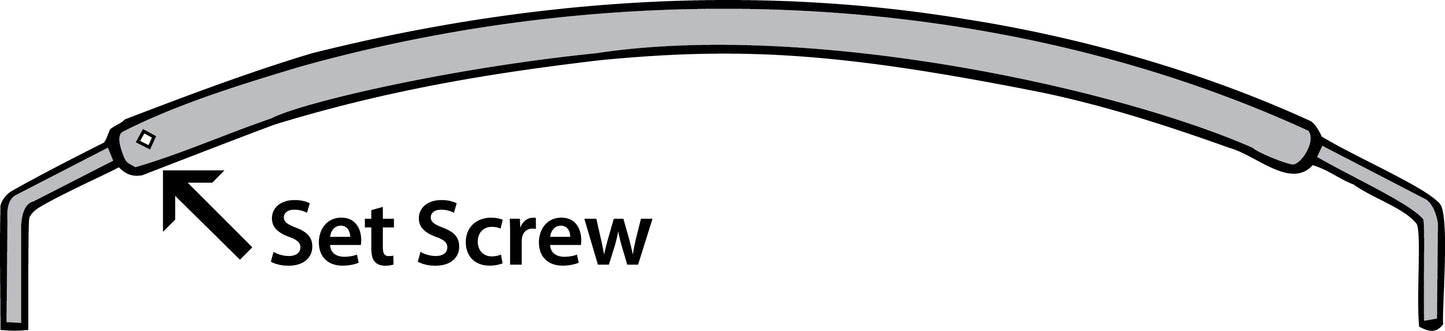 Diagram of a curved metal bow assembly with an arrow pointing to a small fastener labeled “Set Screw.”