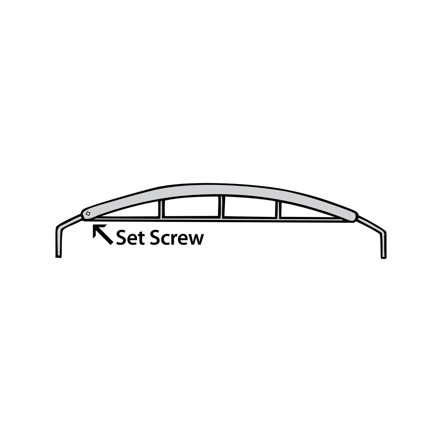 Diagram of a curved metal bow assembly with internal support bars, with an arrow pointing to a fastener labeled “Set Screw.”