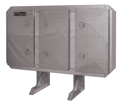 Front view of a large aluminum truck enclosure with three diamond‑plate access doors, each with recessed locking latches, mounted on raised support legs, featuring the ProTech logo, isolated on a white background.