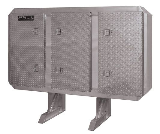 Front view of a large aluminum truck enclosure with three diamond‑plate access doors, each with recessed locking latches, mounted on raised support legs, featuring the ProTech logo, isolated on a white background.