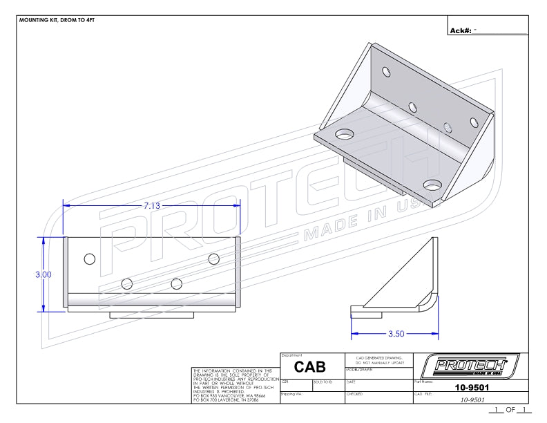 Technical line drawing of a steel mounting kit for truck storage boxes or drums up to 48 inches wide, showing multiple bracket views with labeled dimensions, bolt holes, and angled supports, branded with ProTech and part number information, on a white background.