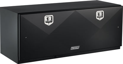 Angled front view of a 48‑inch black steel truck tool box with a flat lid and two chrome locking latches on the front, featuring the PROTECH logo, isolated on a white background.