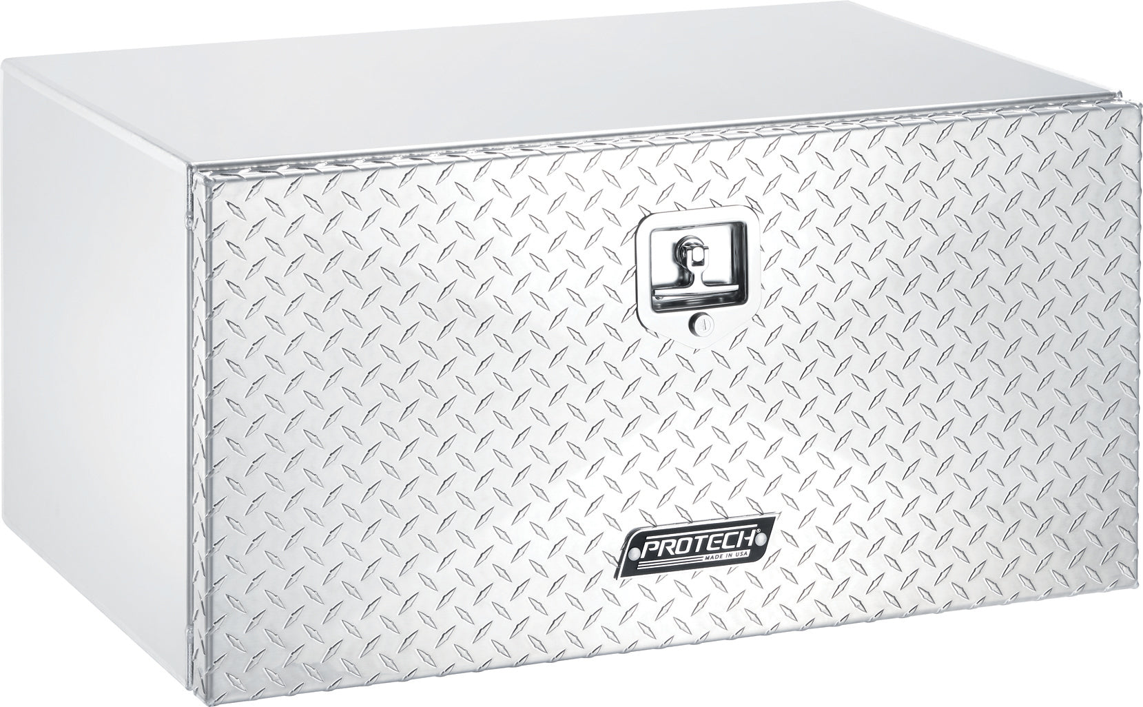 Angled front view of a silver aluminum truck tool box with a diamond‑plate front panel, flat lid, and a chrome locking latch, featuring the PROTECH logo, isolated on a white background.