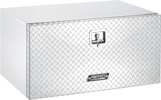 Angled front view of a silver aluminum truck tool box with a diamond‑plate front panel, flat lid, and a chrome locking latch, featuring the PROTECH logo, isolated on a white background.
