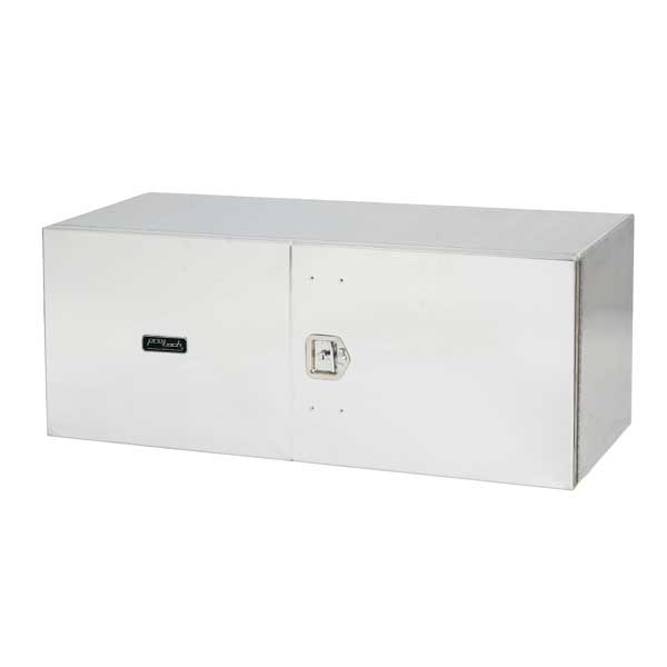 Angled front view of a silver aluminum double‑door truck tool box with two smooth front access doors, a flat top lid, and a centered chrome locking latch, featuring the ProTech logo, isolated on a white background.
