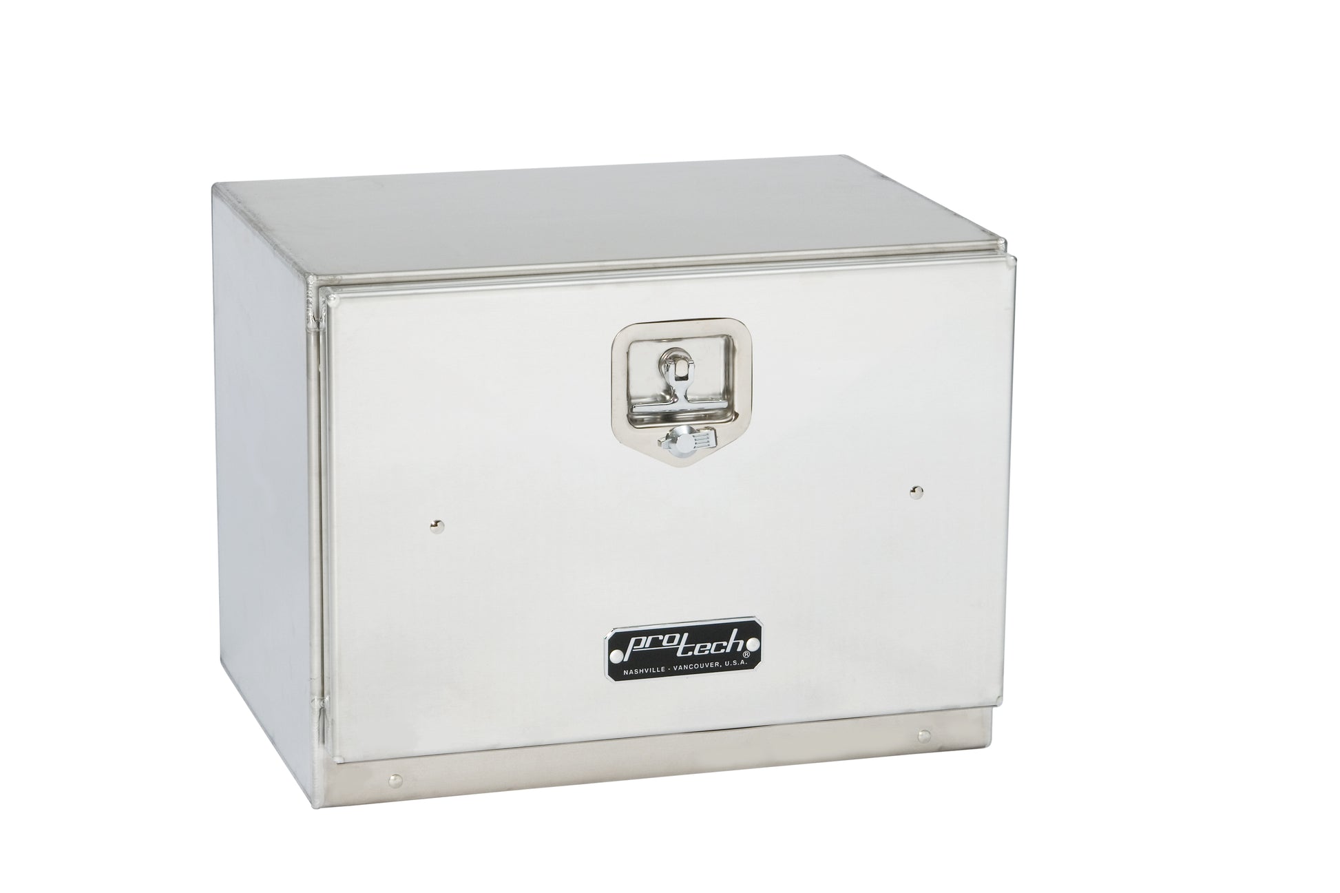 Angled front view of a silver aluminum truck tool box with a smooth front door, flat lid, and a chrome locking latch, featuring the ProTech logo, isolated on a white background.