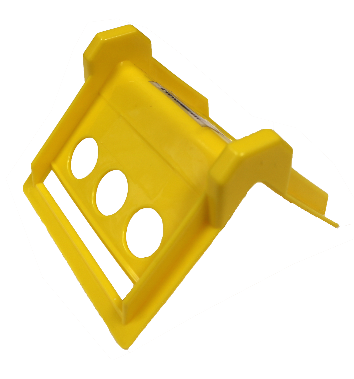 Yellow plastic mounting bracket with three circular cutouts and raised side tabs, shown isolated on a white background.