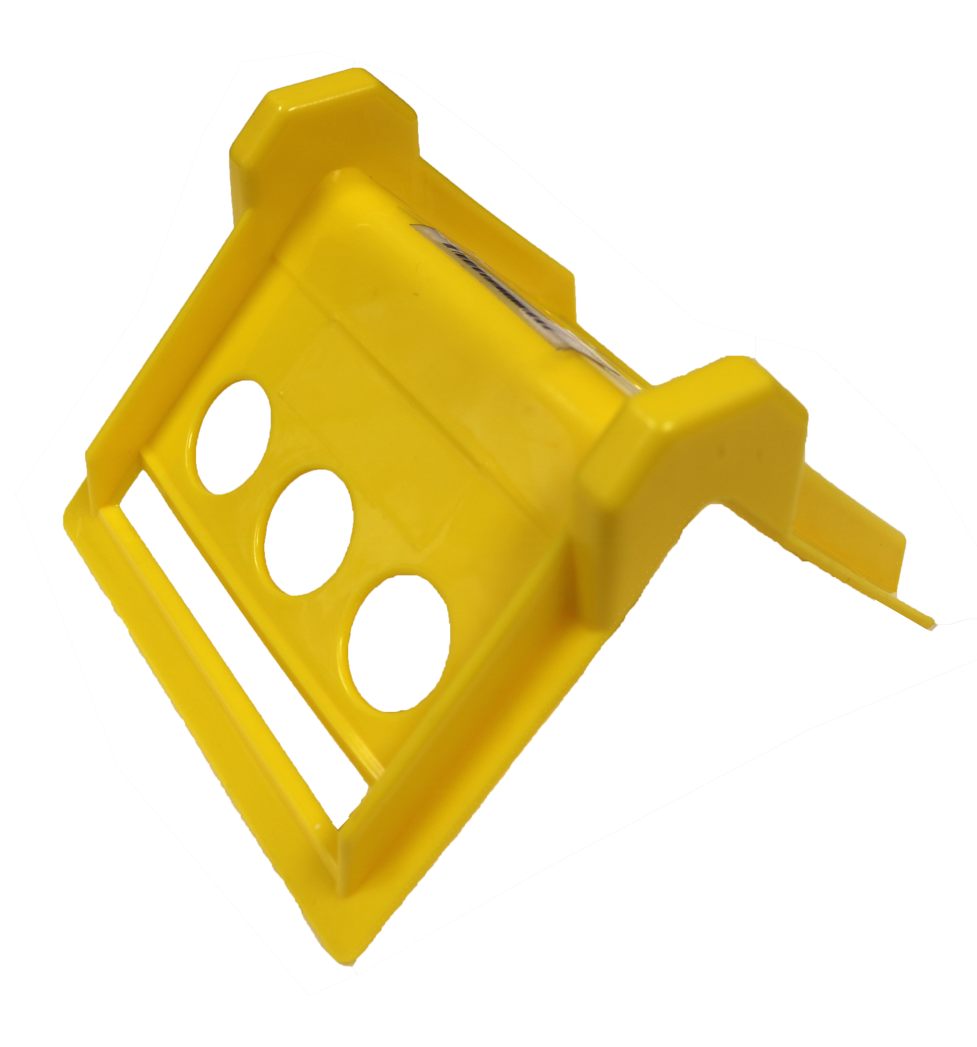 Yellow plastic mounting bracket with three circular cutouts and raised side tabs, shown isolated on a white background.