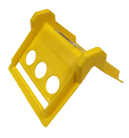 Yellow plastic mounting bracket with three circular cutouts and raised side tabs, shown isolated on a white background.