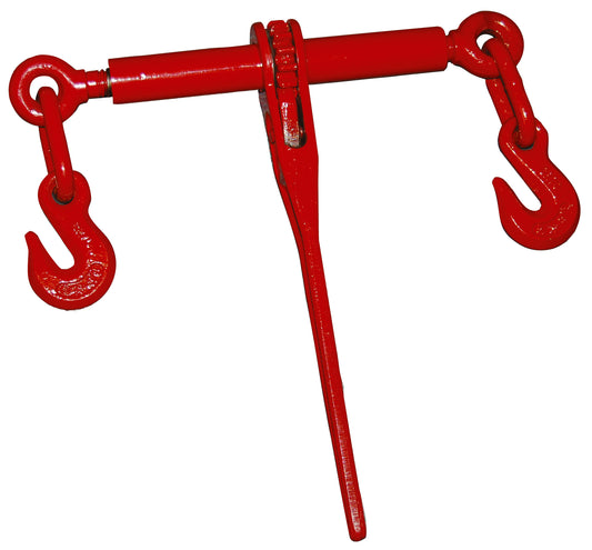 Red ratchet load binder with tensioning lever and two chain hooks, shown isolated on a white background.