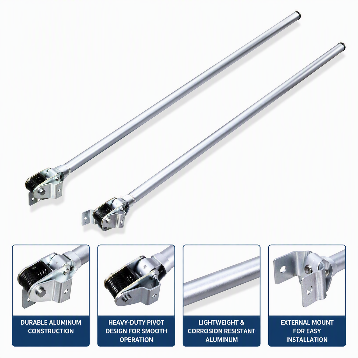 External mount aluminum pivot arm set for front-to-back truck tarp systems, featuring two aluminum arms with spring-loaded pivot assemblies and mounting brackets.