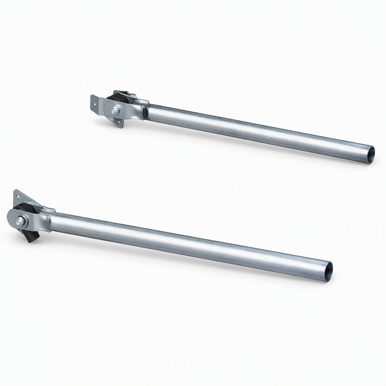 Pair of steel tarp system extension arms with mounting brackets for truck tarp applications.

