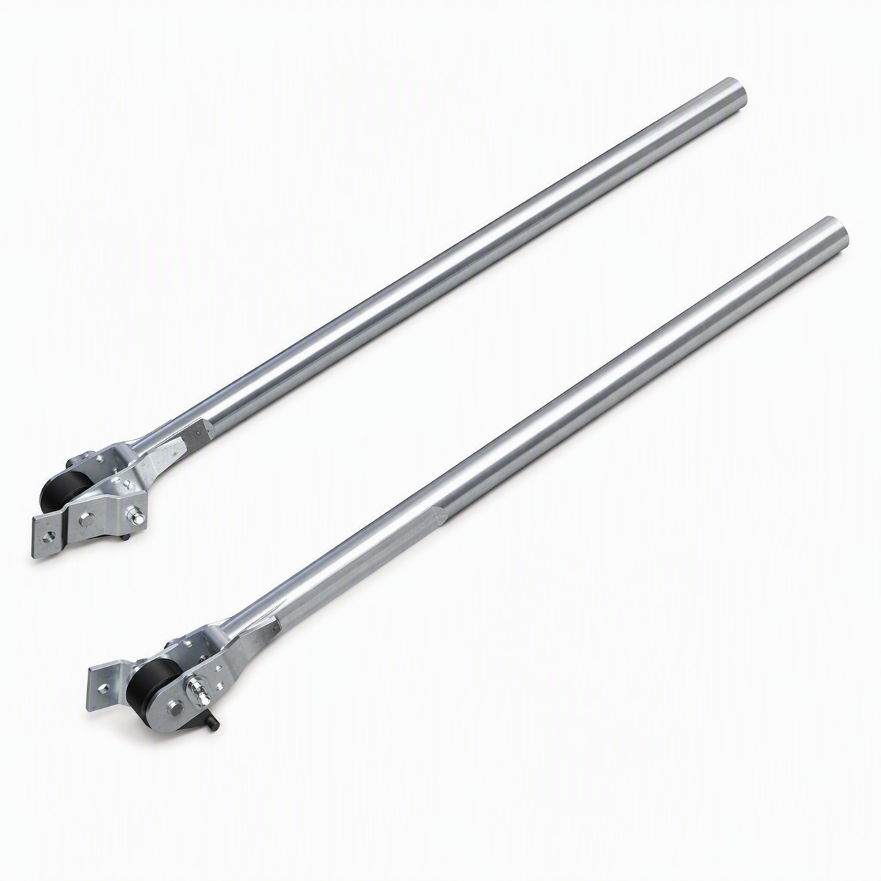 Pair of steel tarp system extension arms with roller assemblies and mounting brackets for truck tarp applications.