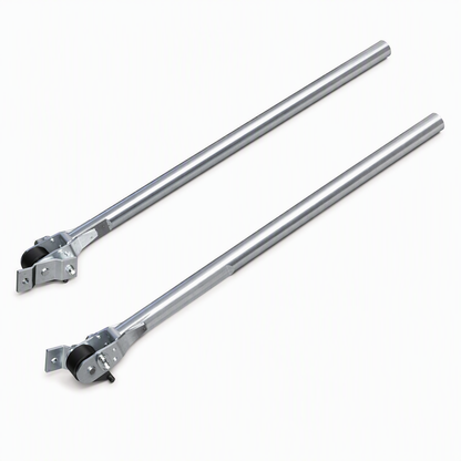 Pair of steel tarp system extension arms with roller assemblies and mounting brackets for truck tarp applications.