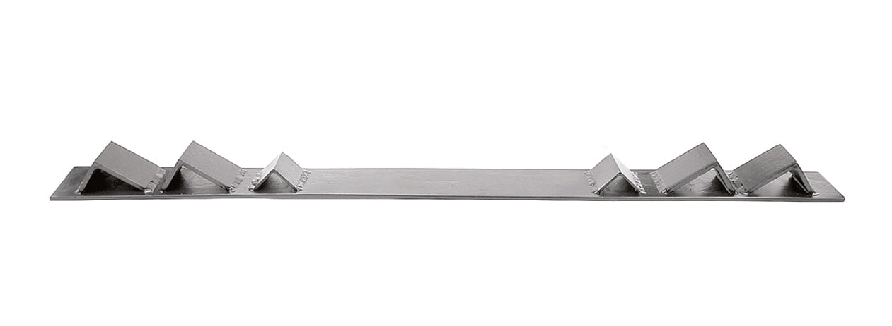 Flat metal tarp arm bracket with multiple angled welded supports, shown isolated on a white background.
