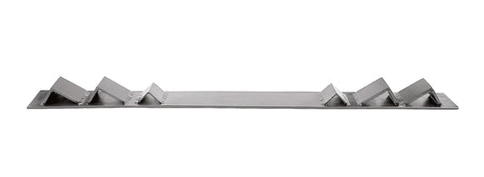 Flat metal tarp arm bracket with multiple angled welded supports, shown isolated on a white background.

