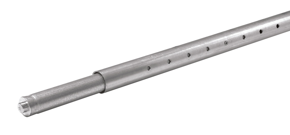 Metal telescoping tarp roller shaft with multiple adjustment holes and a rounded end, shown isolated on a white background.